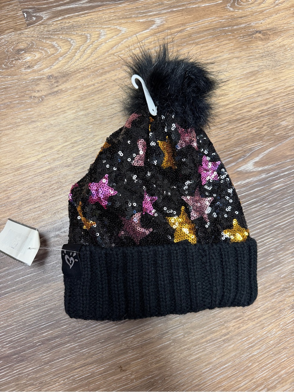 Girls Black Sequin Star Pom Pom Winter Beanie Hat Faux Fur Cuffed Knit (NEW)